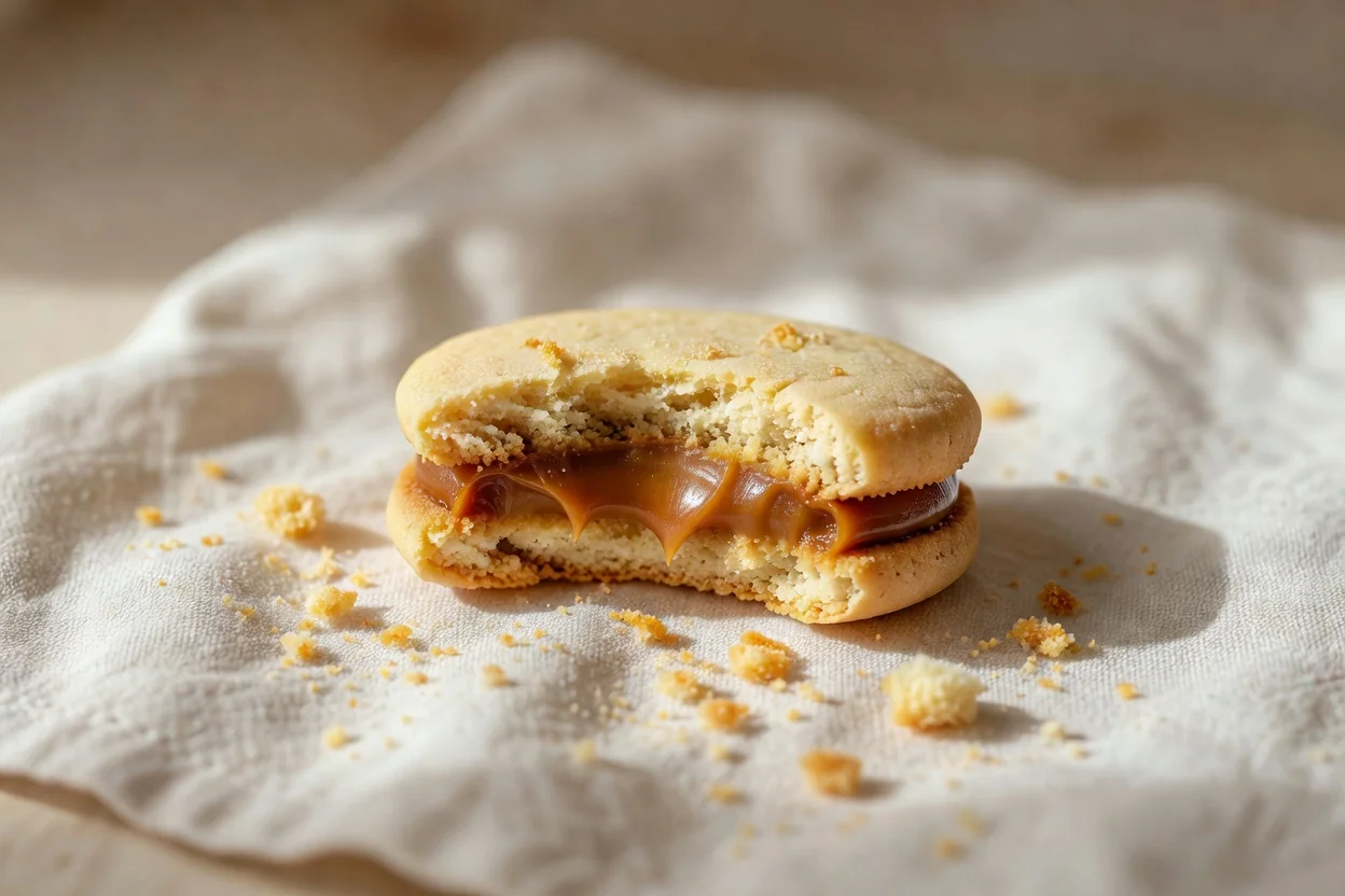Alfajores chilenos terminados con manjar que asoma levemente y borde cubierto de coco rallado en fuente de cerámica