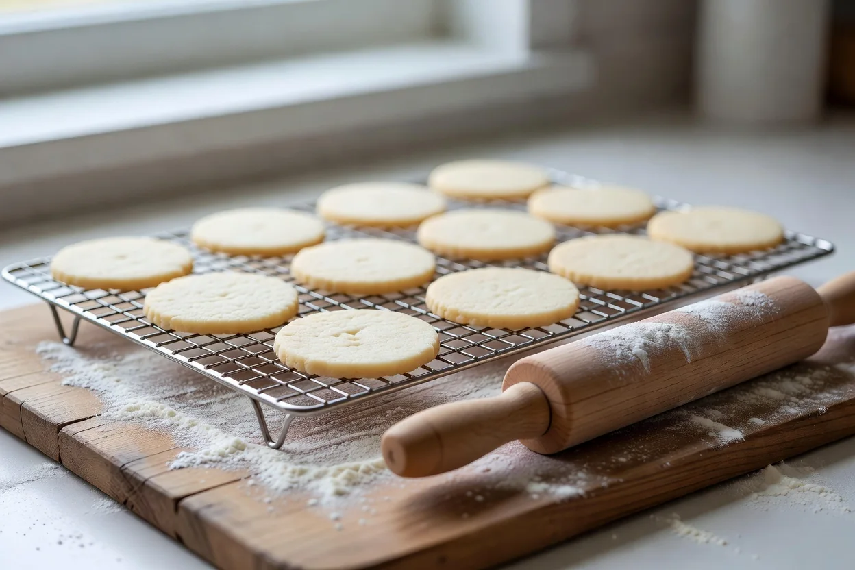 Tapas de alfajor chileno recién horneadas, apiladas en plato blanco con bordes irregulares y color crema claro