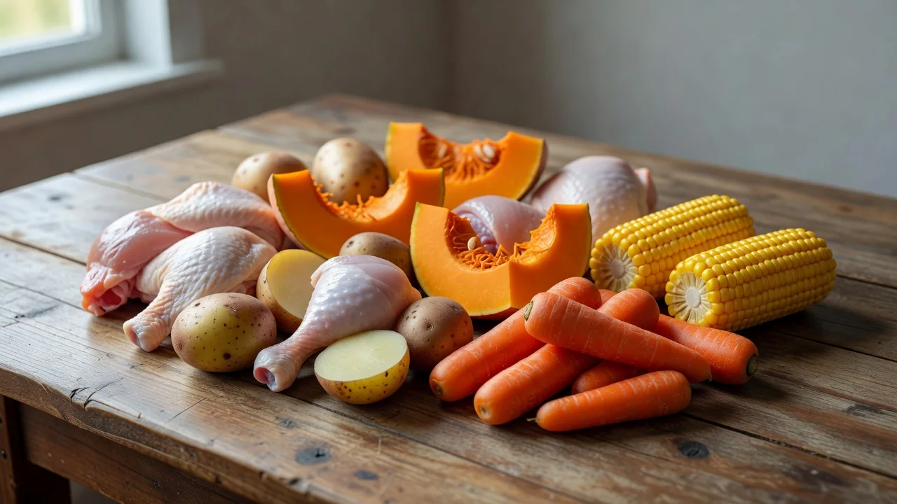 Cazuela de ave casera en olla de greda con papas, trozos de zapallo anaranjado, zanahorias y choclo en rodajas flotando en caldo dorado