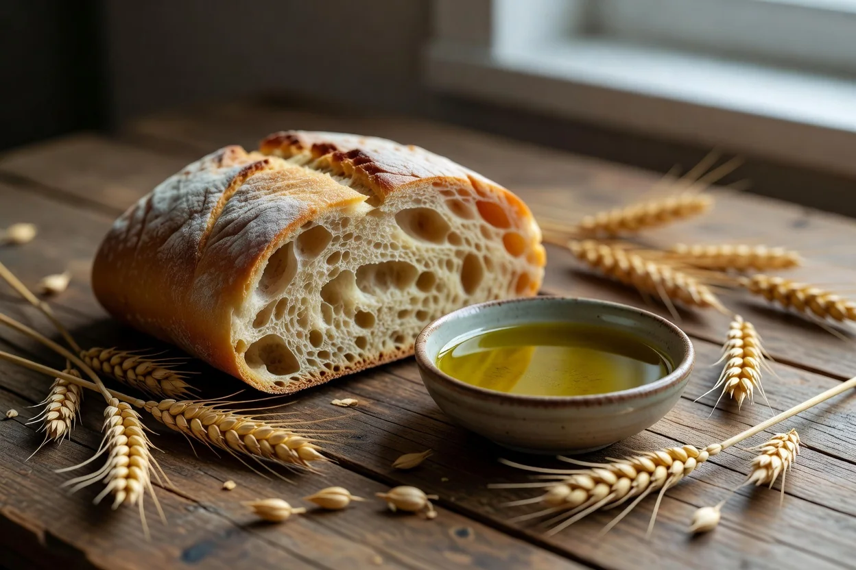 Detalle del interior de la ciabatta con miga esponjosa, húmeda y llena de grandes huecos