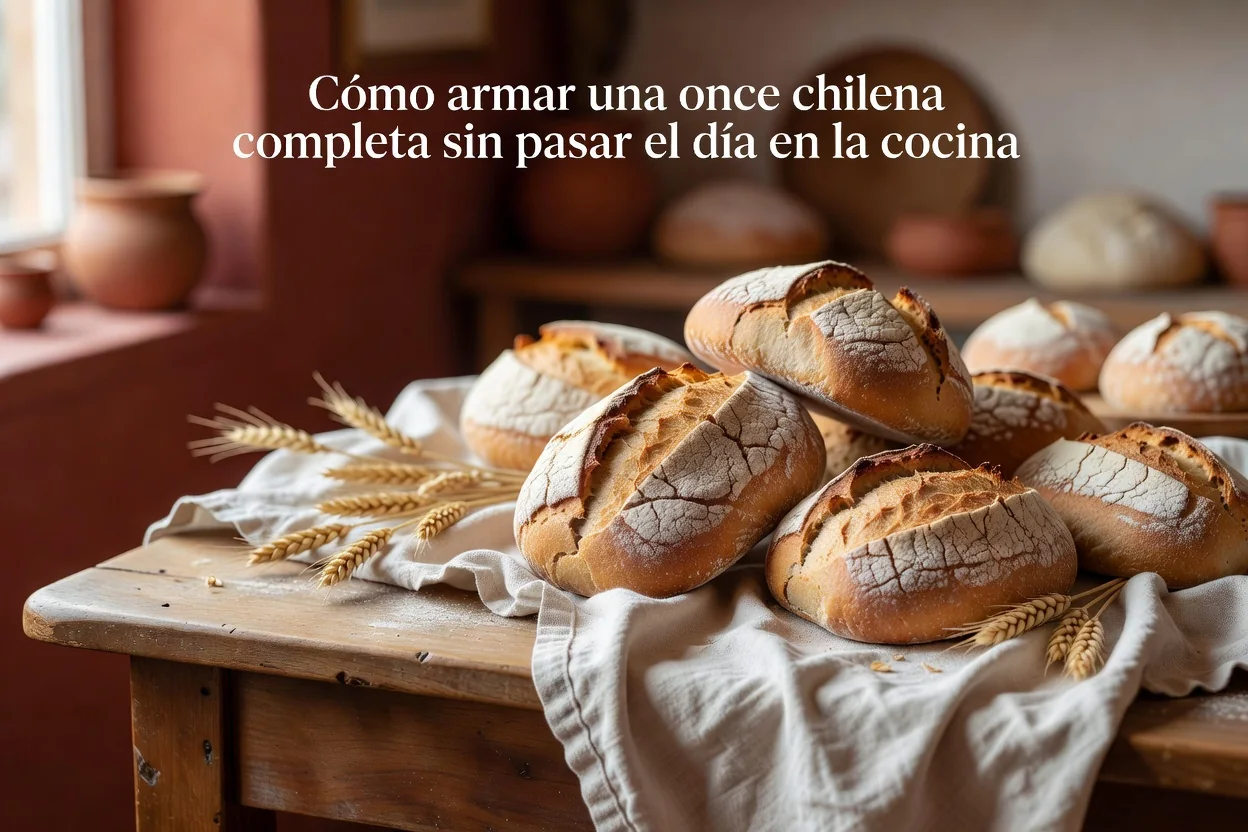 Mesa de once chilena completa con pan casero, palta, queso, kuchen y té