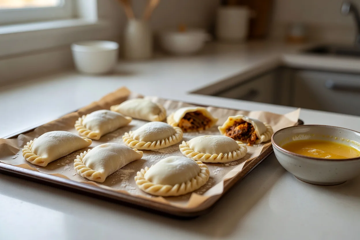 Empanadas de pino doradas recién salidas del horno sobre papel mantequilla