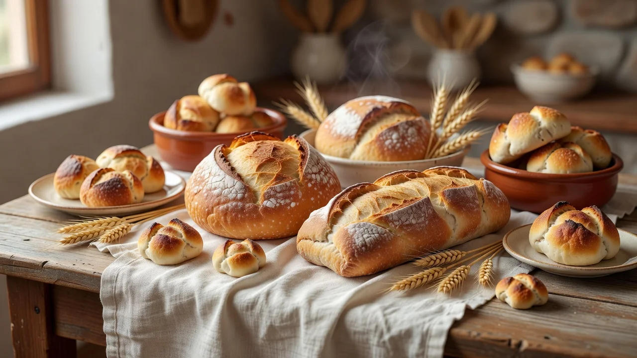 Hallullas redondas con corva y dobladitas hojaldradas recién salidas del horno sobre una tabla de madera