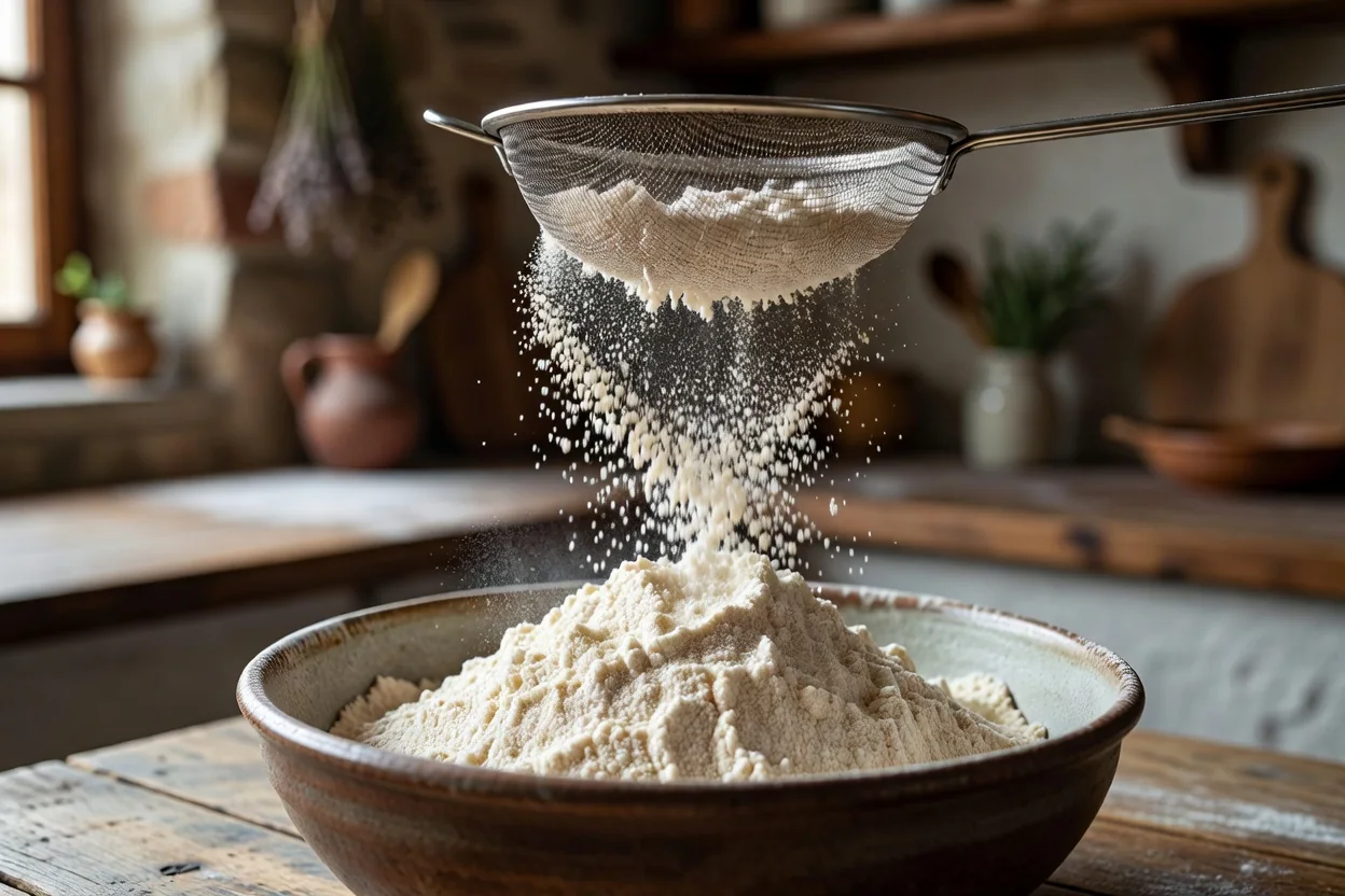Masa de pan casero con harina integral y blanca en proporción sobre mesón de cocina con termómetro marcando 24 grados