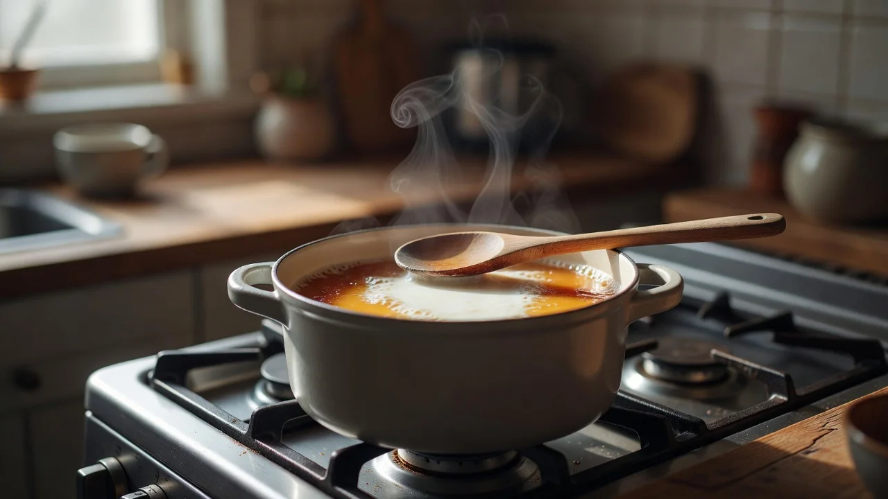 Olla de acero con manjar dorado espeso burbujeando suavemente a fuego bajo