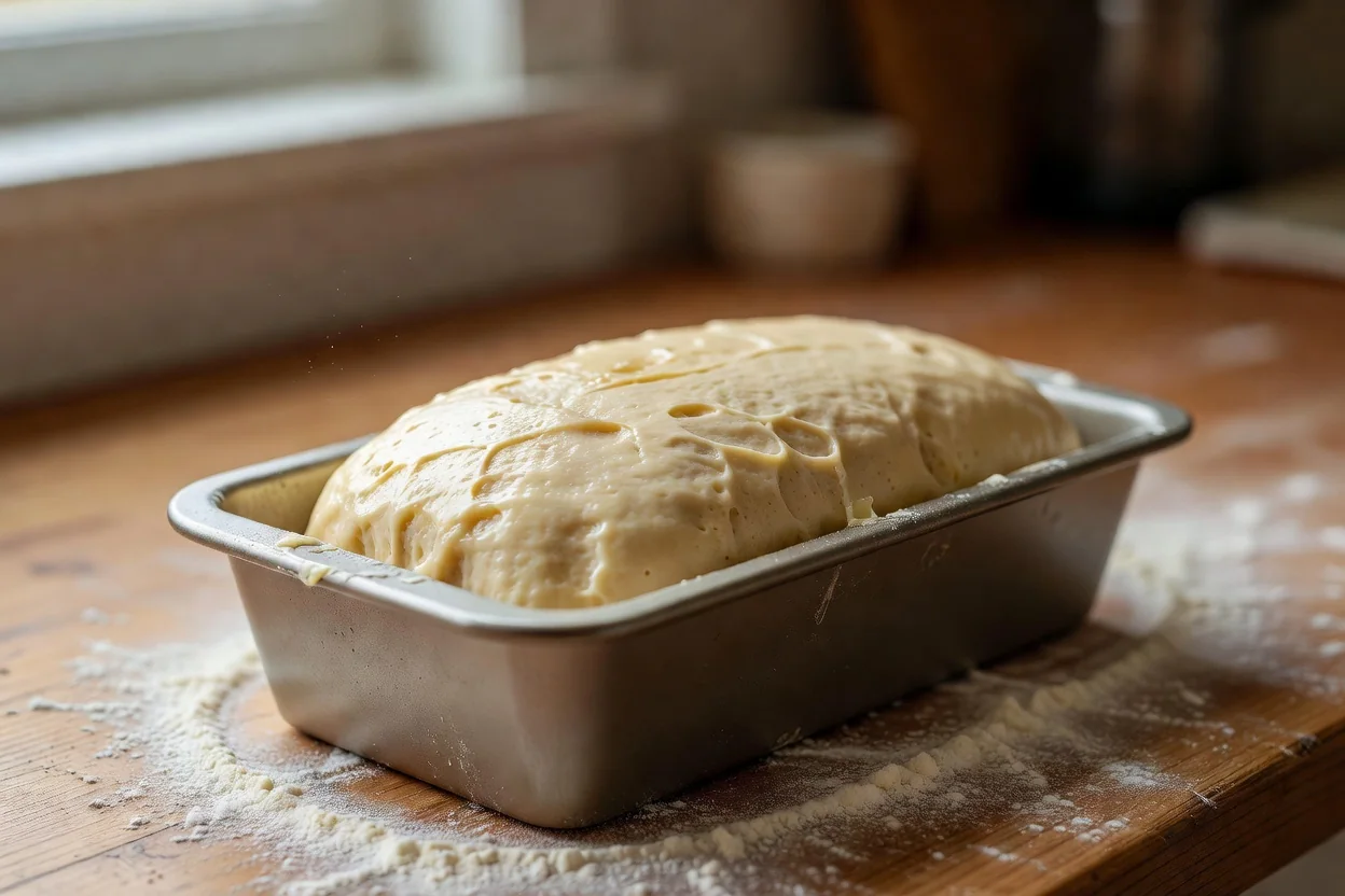 Pan de molde casero entero con corteza dorada clara y miga uniforme visto de costado