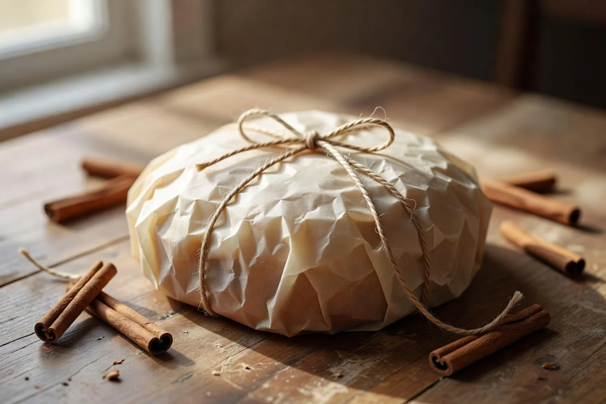Rebanada de pan de Pascua casero mostrando miga esponjosa con trozos de nuez y frutas confitadas distribuidas