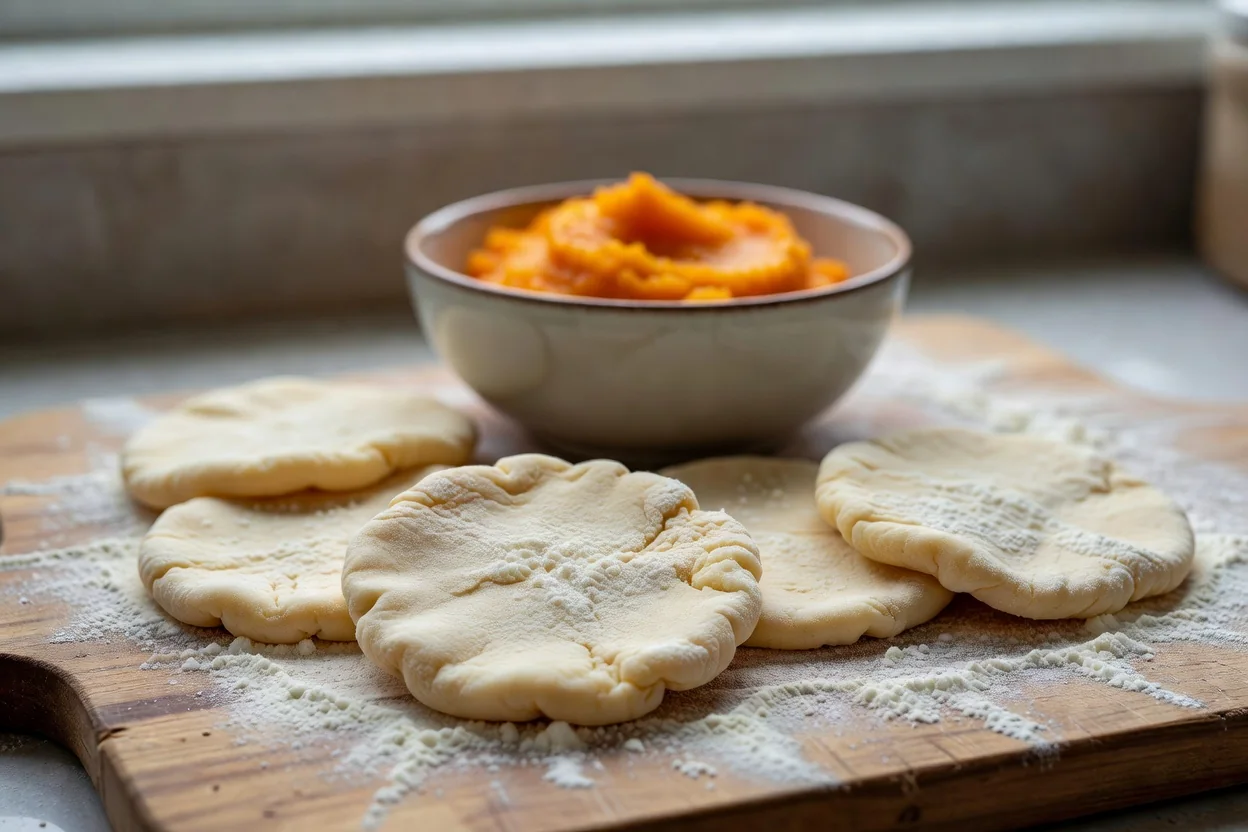 Sopaipillas pasadas recién bañadas en almíbar oscuro de chancaca sobre plato blanco